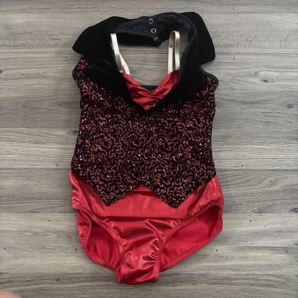 Weissman Red Black Sequin Dance Recital Costume Velvet Collar Child Medium MC - Picture 1 of 5